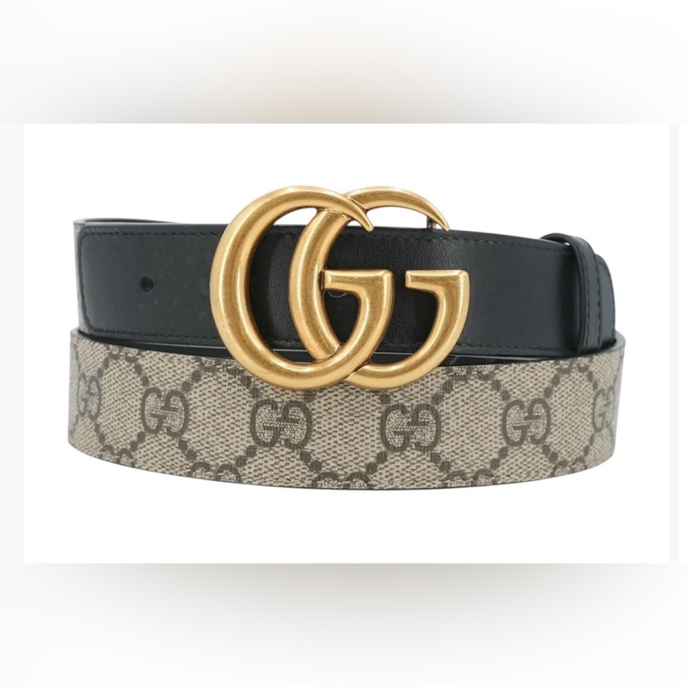 Gucci Black and Cream Belt with Gold GG Buckle - Picture 1 of 8